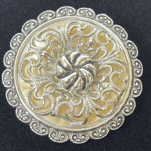 Filigree Silver-Tone Round Mother of Pearl Scarf Collar Clip West Germany VTG